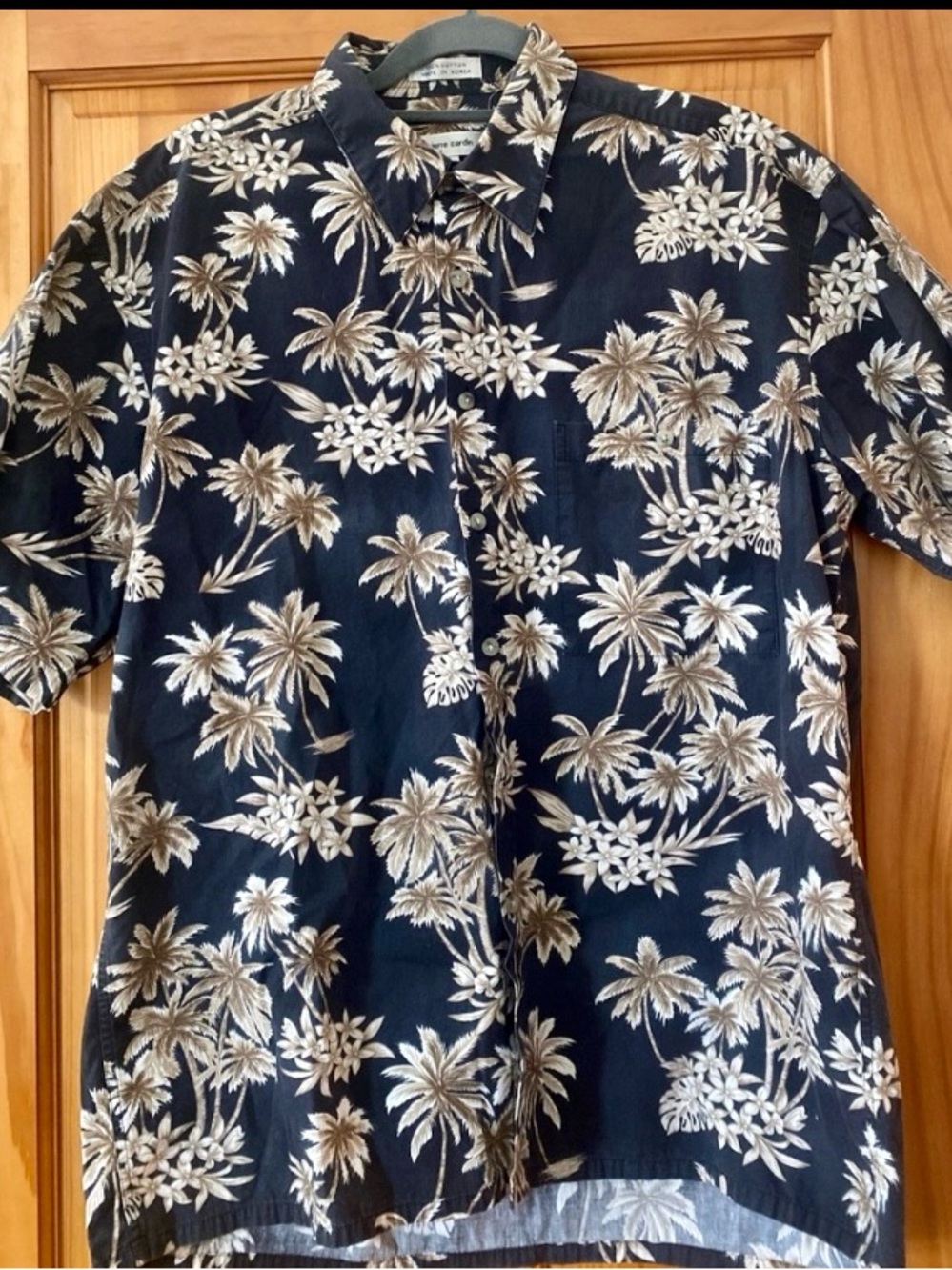 Pierre Cardin Hawaiian Shirt Palm Print Black Tan Mens L Button Down Cotton
